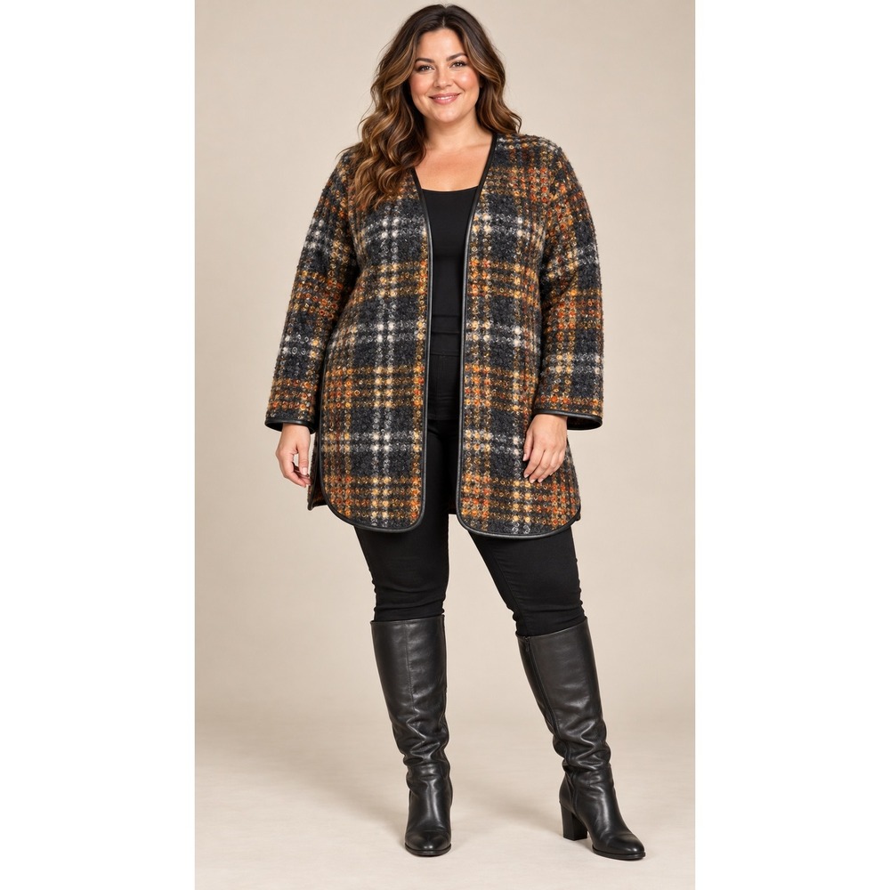 Ava & Viv Cozy Woodland Fall Plaid Open Front Cardigan Faux Leather Trim XL